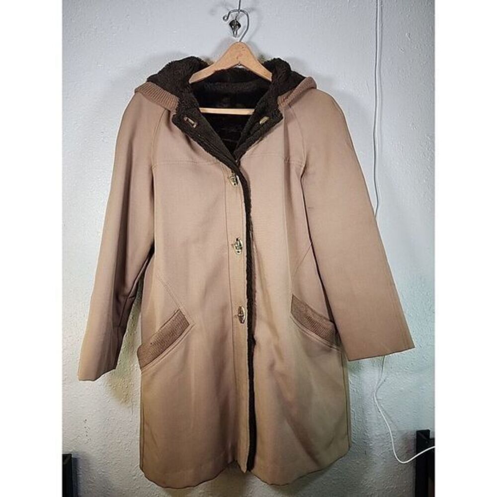 VTG FORECASTER‎ OF BOSTON U.S.A. faux Fur-Trim Women Tan Coat size 16